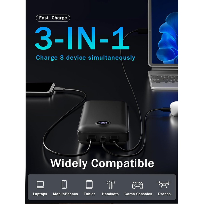 Power Bank 50000mAh з LED дисплеєм: Швидка зарядка 22.5W, 3 виходи USB-C, 2 входи, сумісний з Samsung, iPad, Android, чорний