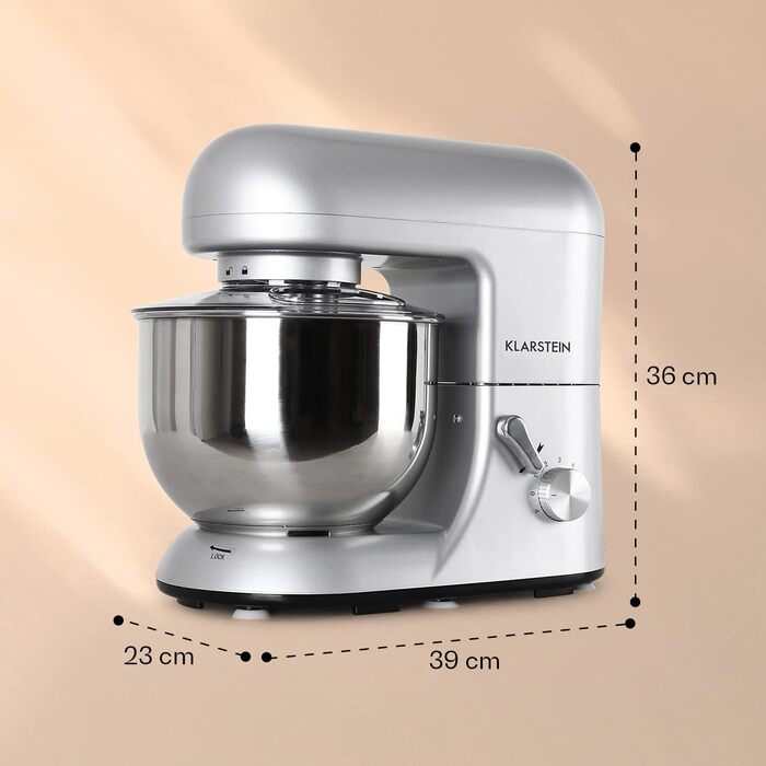 Klarstein 5L Stainless Steel Stand Mixer - 2000W Kitchen Machine with Dough Hook & Whisk - 6 Speed Universal Mixer for Baking & Cooking