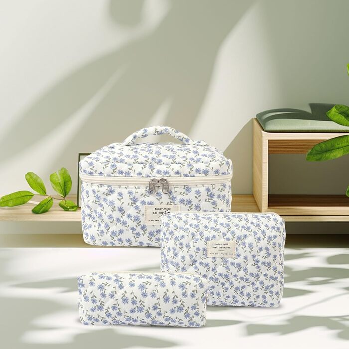 Косметичка для жінок, набір 3 шт. велика бавовняна косметичка для подорожей, органайзер для макіяжу, косметична сумочка з квітковим візерунком (блакитна павічева квітка)
