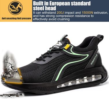 Черевики робочі чоловічі та жіночі S3, легкі, з металевим носком, антиковзаючі, дихаючі, спортивні, чорно-зелені (39 EU)