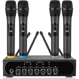 LiNKFOR UHF мікрофонний комплект з 4-ма ручними мікрофонами, 50 каналів, Bluetooth, AUX - для DJ, співу, церкви, весіль