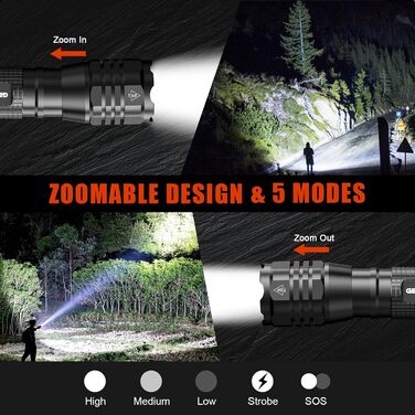 LED ліхтарик Gearlite: 2 шт., 4000 люмен, водонепроникний, з зумом, для кемпінгу, туризму, надзвичайних ситуацій