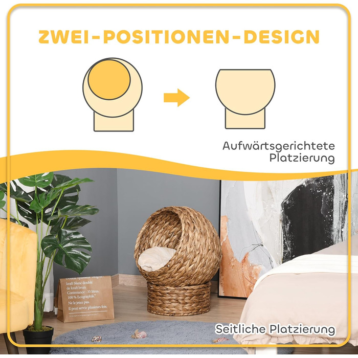 PawHut Rattan Cat Basket Cat Cave Cat House Cat Bed with Cushion Pet Bed Water Hyacinth Brown 50 x 42 x 60 cm