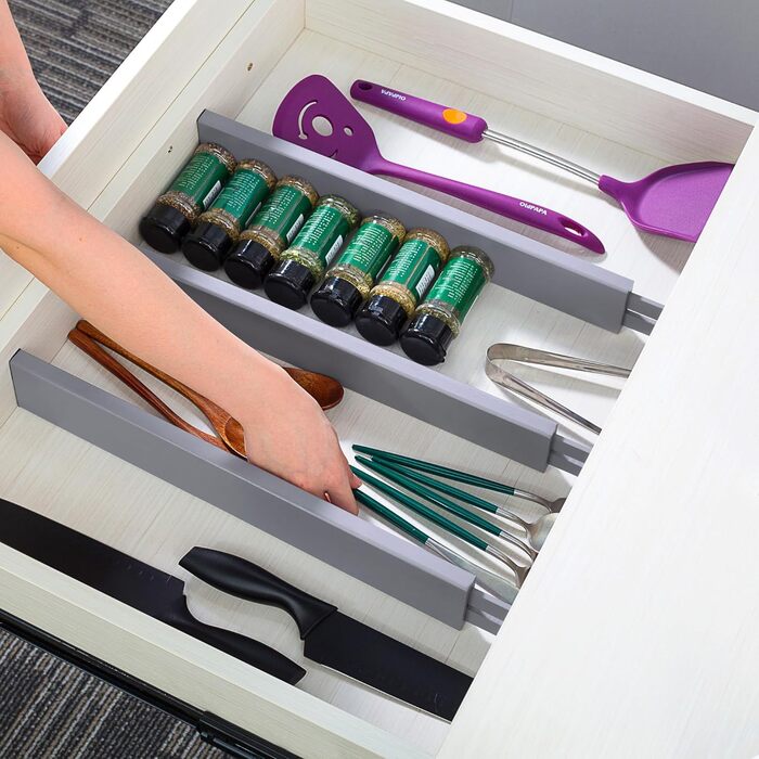 Utoplike Bamboo Adjustable Drawer Divider (4-pack), Large Drawer Organizers with Spring-Loaded for Clothes, Cutlery, Utensils in Kitchen, Bathroom, Bedroom, Baby Drawer, (Gray, Small)