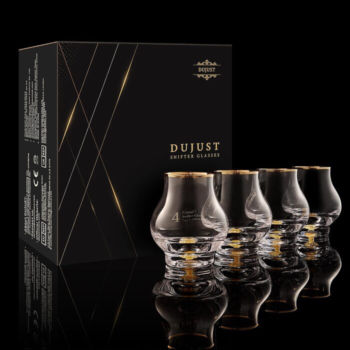 Набір склянок для віскі DUJUST (4 шт., 205 мл) з 24K золотом, Snifter для бренді/коньяку/бурбону/текіли/скотчу, BPA-free, без свинцю