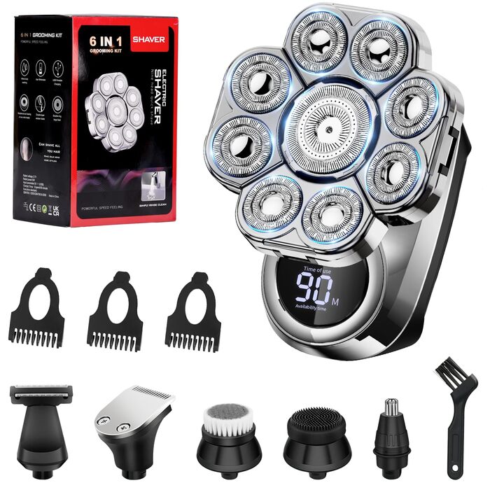 Електрична бритва чоловіча Glatzen 9D Skull – водонепроникна, для сухого та вологого гоління, з USB зарядкою, LED дисплеєм та 6 насадками для обличчя та тіла