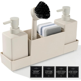 Dish Soap and Hand Soap Dispenser Kitchen Set with Sponge Holder and Brush, Dish Soap Dispenser Kitchen Black, Soap and Dish Soap Dispenser Set Kitchen Gadget Sink Organizer with Soap Dispenser (Beige, 4 in 1)