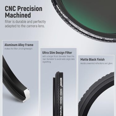 NEEWER 52mm Змінний ND-фільтр ND2-ND32 (1-5 ступенів затемнення) для об'єктивів камери, оптичне скло HD, 30-шарове нанопокриття, ультратонкий алюмінієвий каркас, водовідштовхувальне та антиблікове покриття