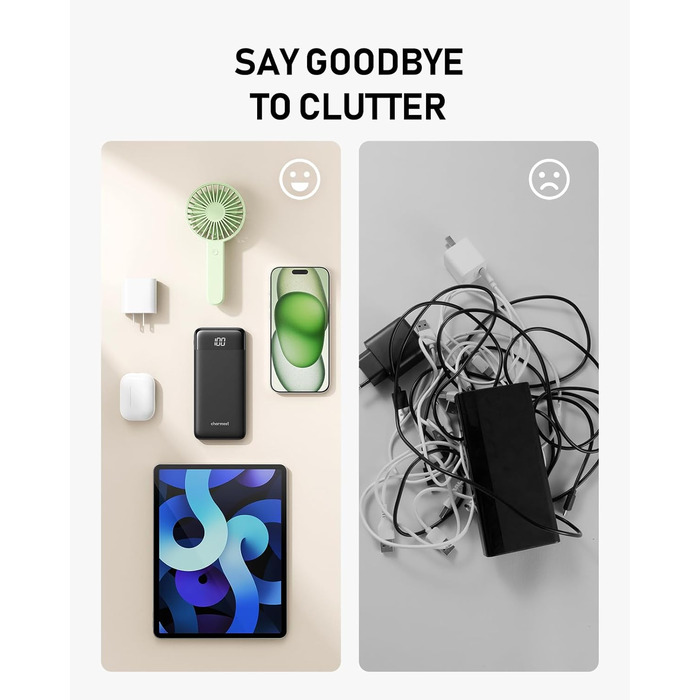 Powerbank Charmast 10000mAh з 4 кабелями, 6 виходами та 3 входами. Сумісний з iPhone, iPad, Samsung. Чорний