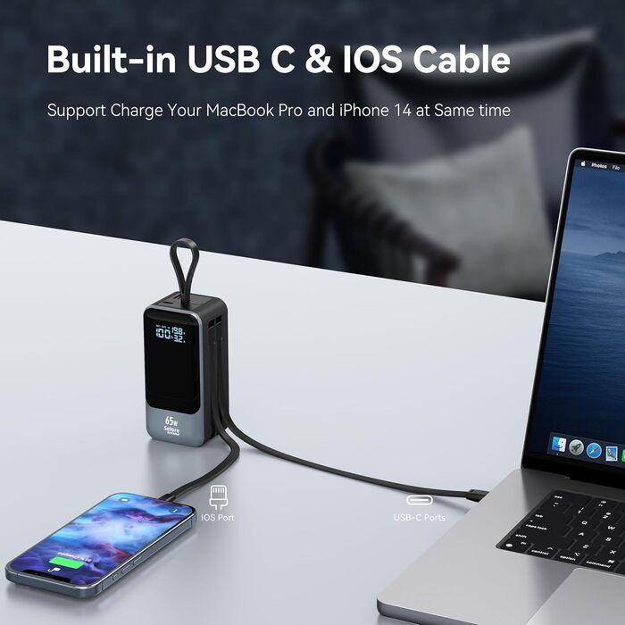 Power Bank Selore&S 65W з USB-C, 4 порти, для ноутбуків, MacBook, iPad, iPhone, Galaxy, Steam Deck, дронів, чорний