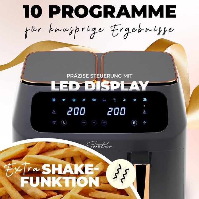 Аерофритюрниця Soretho Dual Zone 2800Вт, 2 камери, 9 л, 10 програм, Shake-функція, сенсорний дисплей, температура 80-200°C