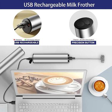 Електричний піногасник для молока USB з регулюванням швидкості, нержавіюча сталь. Підходить для кави, лате, капучино, гарячого шоколаду, матча
