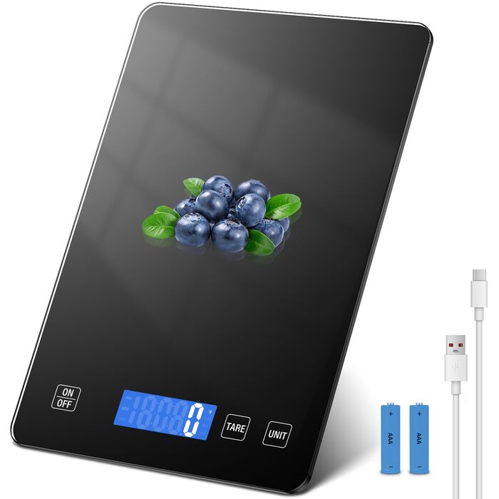 Кухонні ваги QEANY 15 кг з LCD дисплеєм, перезаряджувані, з функцією тарування, 5 одиниць вимірювання, батареї в комплекті