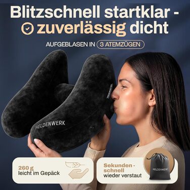 Подушка для шиї HELDENWERK® Air: 5 положень, швидке надування, регулювання тиску | Знімна капюшон | Для подорожей (автомобіль, літак) | Чорний, великий розмір