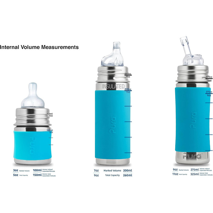 Pure stainless steel bottle with silicone straw & sleeve, aqua (plastic, BPA-free, non-toxic, certified)
