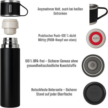 Термофляга 500 мл з нержавіючої сталі – 2 чашки з ручкою – без витоку, BPA-free – з щіткою для чищення – колір: чорний