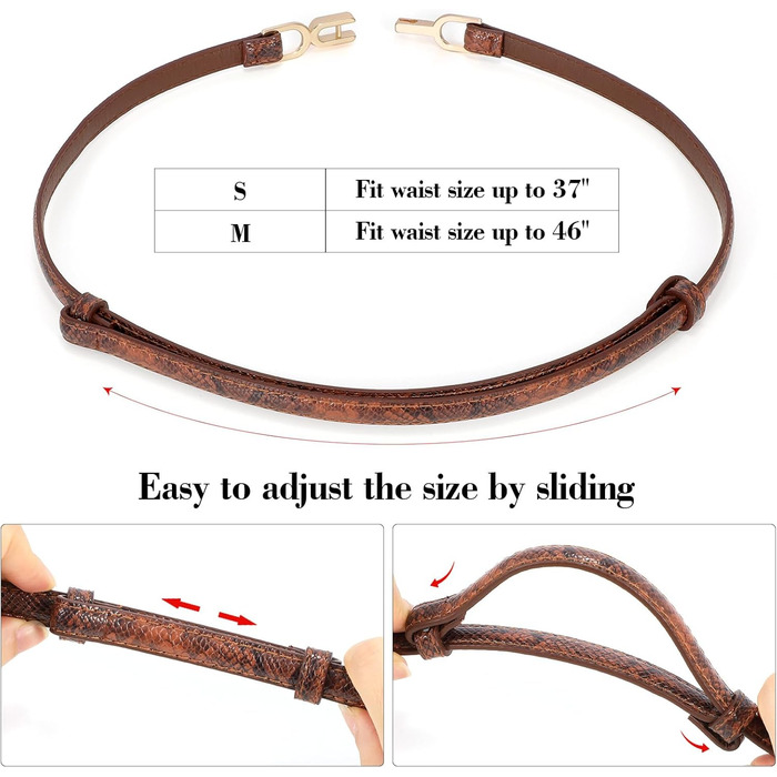 Жіночий тонкий шкіряний ремінь WHIPPY 2 шт. з золотою пряжкою, 105 см, для талії до 95 см (чорний+коричневий, шкіра змії, 8057)