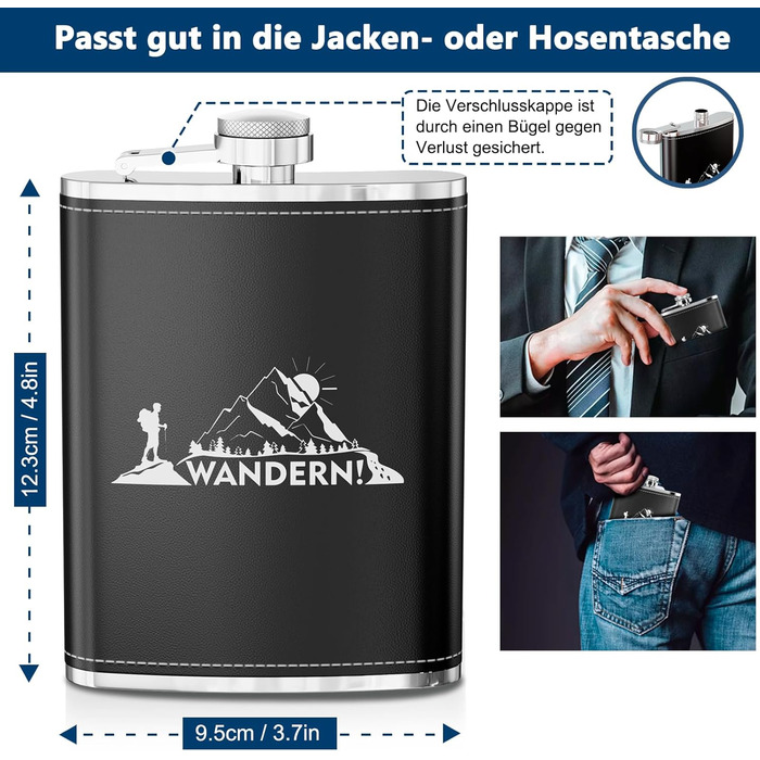 Термос-фляга LILABIENE з гравіюванням для туризму та походів у гори. Набір з чашкою, нержавіюча сталь, шкіра, чорний колір. Ідеально для чоловіків, на День батька, на День народження, на Миколая, на Різдво. Об'єм 8oz/240ml