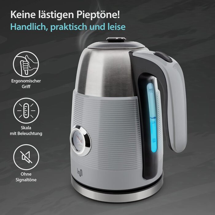 Електричний чайник з нержавіючої сталі 1.7 л з термометром, LED-підсвічуванням та автовимкненням, срібно-сірий