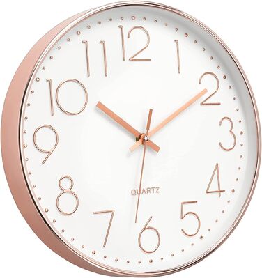 Foxtop Wall Clock Radio-Controlled Wall Clock 30 cm Silent & No Ticking Large Dial Analog without Ticking For Kitchen, Living Room, Bathroom DCF Radio Signal Modern Design White-Gray (White-Rose Gold)