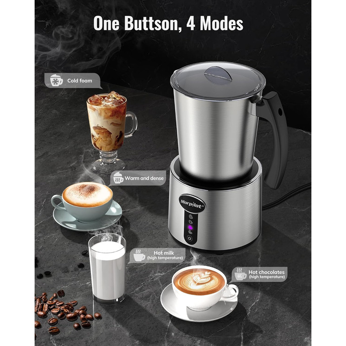 Електричний піноутворювач для молока Morpilot, 500 мл, 650 Вт, нержавіюча сталь, миється в посудомийній машині, для гарячого та холодного молока, шоколаду, антипригарне покриття