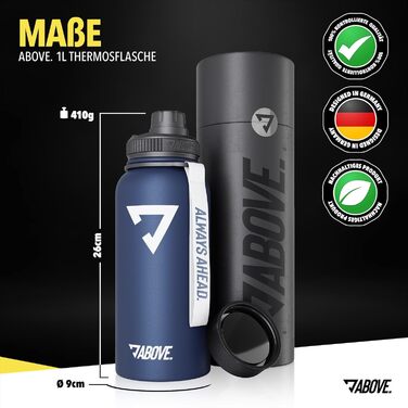 Термос-пляшка ABOVE Edelstahl 1л блакитна: ізольована, не протікає, BPA-free для спорту, фітнесу та активного відпочинку. Зберігає тепло до 12 год, холод до 24 год.