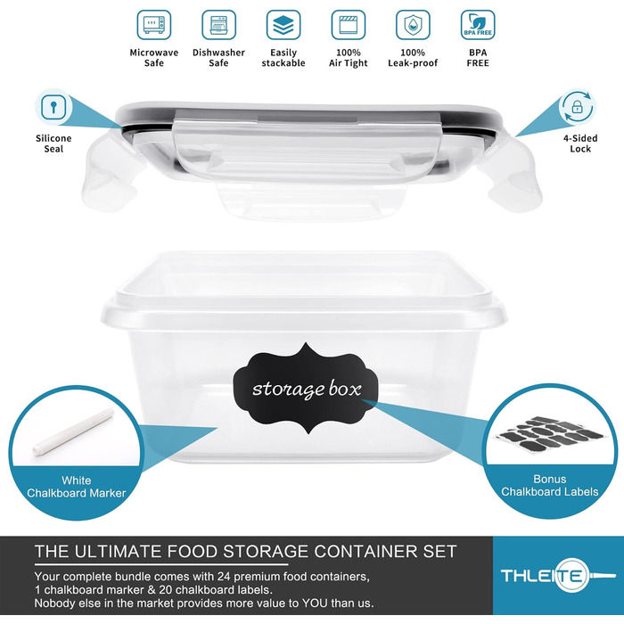 Набір контейнерів для зберігання продуктів 48 шт. (24 контейнери, 24 кришки) - BPA free, для холодильника, морозильника та мікрохвильової печі