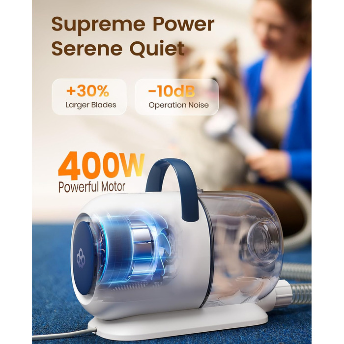 Машинка для стрижки собак Oneisall з пилососом, потужність 12000 Па, видаляє 99.99% шерсті, тиха, для собак та котів, 7 насадок