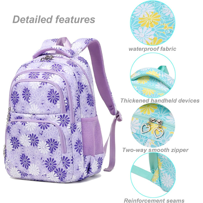 Шкільний рюкзак ZHIERNA для дівчаток-підлітків: комплект з пеналом та ланч-боксом (фіолетовий)