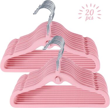 Набір велюрових дитячих вішалок 28 шт: 20 вішалок для одягу та 8 роздільників для дитячої шафи, з додатковим гачком, неслизькі, економія місця, рожеві