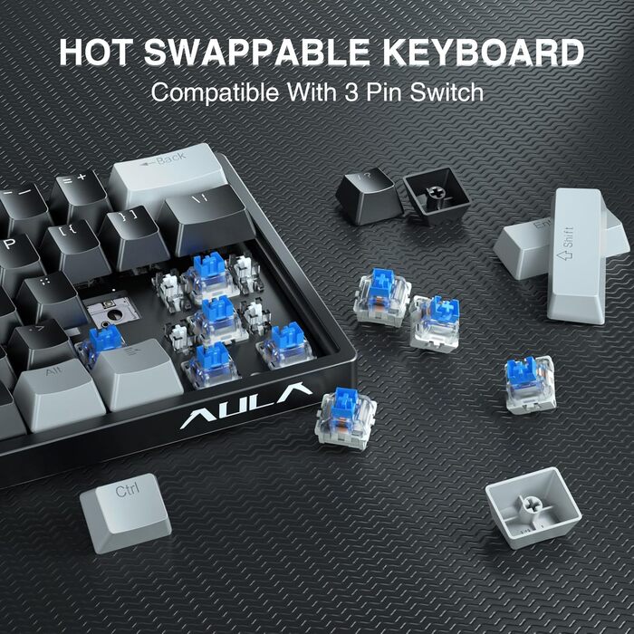 Механічна ігрова клавіатура AULA 60% з RGB-підсвічуванням, Hot-Swap, Type-C, блакитні перемикачі (чорно-сірий)