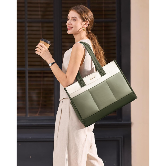 Сумка LOVEVOOK Shopper для жінок, бежево-зелена, 15.6 дюймів. Містка сумка для ноутбука, роботи, університету, школи. 14 відділень, тримач для пляшки
