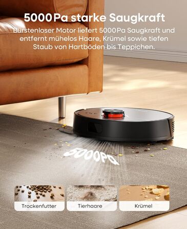 Робот-пилосос з функцією миття 5000Pa, з док-станцією 3.5L, час роботи 180 хв, LiDAR навігація, для шерсті тварин, килими, тверді підлоги, керування через додаток