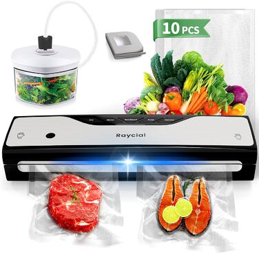 Вакуумний пакувальник Raycial 5-в-1: для сухої/вологої їжі, консервів, з набором пакетів та ріжучим ножем, чорний