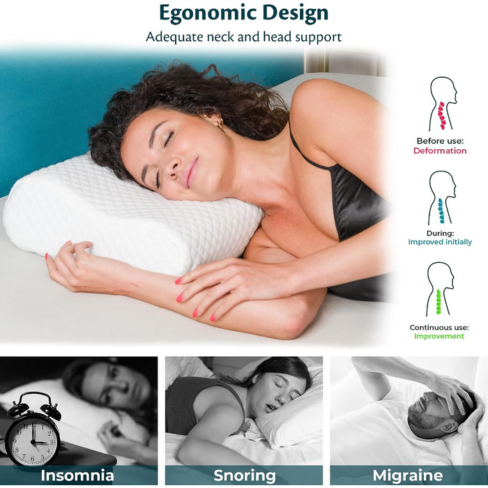 Ортопедична подушка під шию з ефектом пам'яті (Memory Foam), ергономічна підтримка для сну, регульована висота, протихребтова та антихрапічна, зі знімним чохлом, 55x35x13/11 см