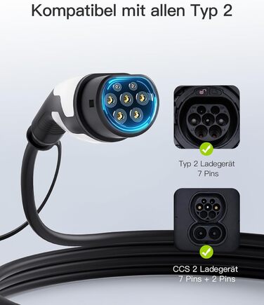 Кабель зарядки Tomons Typ 2 (32A, 22kW, 5м) для електромобілів (EV/PHEV) з тримачем та мікрофіброю. Сумісний з Model S/3/X/Y, ID.3, ID.4