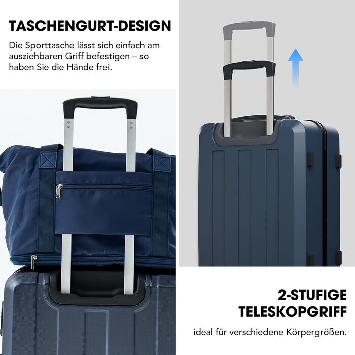 Набір валіз, багажний набір, ролери, валіза на коліщатках 5шт, ABS пластик, TSA замок, містить 1 велику сумку та 1 косметичку, 4 колеса, телескопічна ручка з алюмінію (рожеве золото), темно-синій