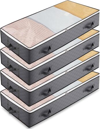 Коробки для зберігання під ліжко з кришкою, 90L, 4 шт., сірі. Органайзери для постільних речей, ковдр, подушок