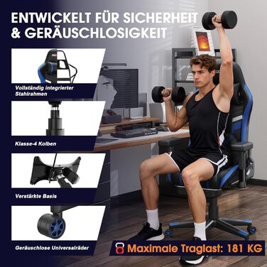 Ігровий крісло Douxlife з масажем та підігрівом, ергономічний офісний стілець з підніжкою, регулювання 90°-175°, підлокітники 2D, для геймерів, PC стілець, 181 кг, блакитний