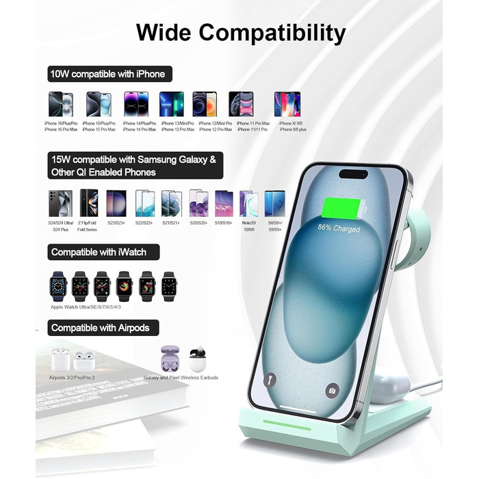 Бездротова зарядка 3-в-1 для Apple Watch, iPhone та AirPods Pro (білий/зелений)