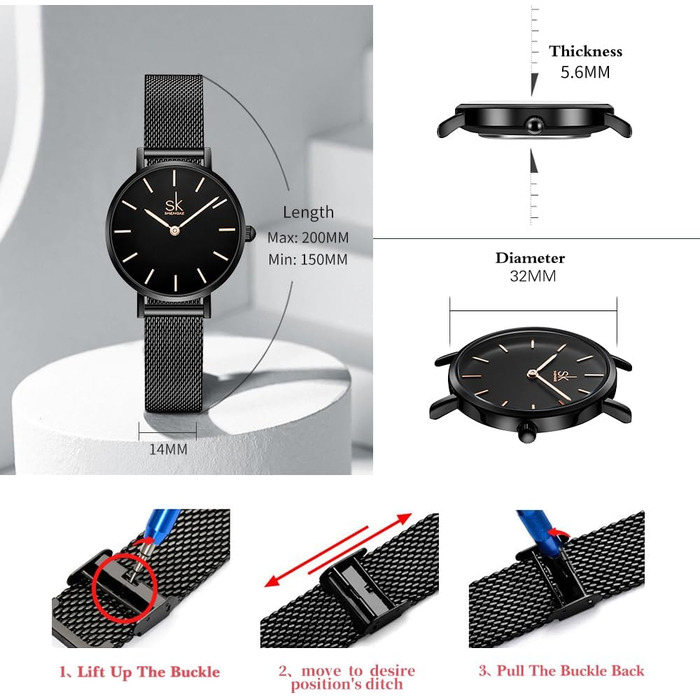 SK Ультратонкі мініатюрні жіночі годинники з двома стрілками. Елегантний годинник для жінок з шкіряним ремінцем (Black-mesh)