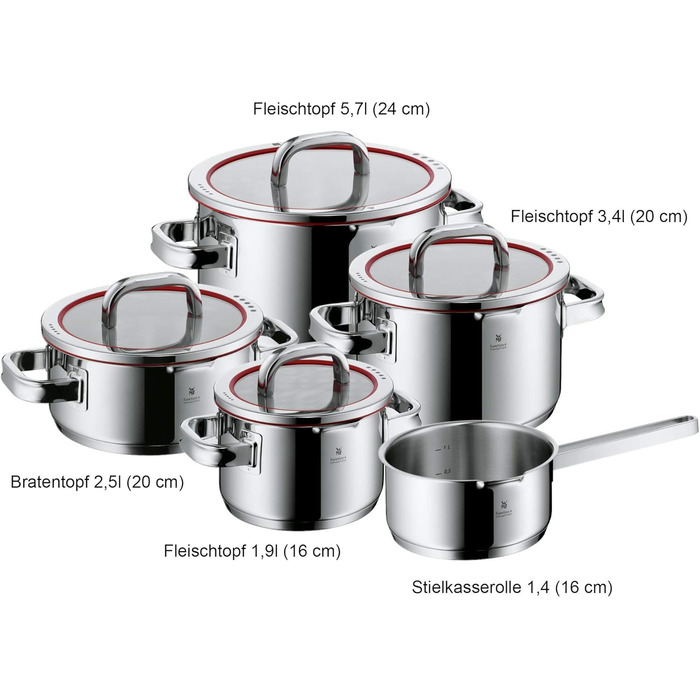 Каструля WMF Function 16 см з ручкою, без кришки, 1,4 л, з нержавіючої сталі Cromargan, 4 функції зливу, внутрішня шкала, червона, для індукційних плит