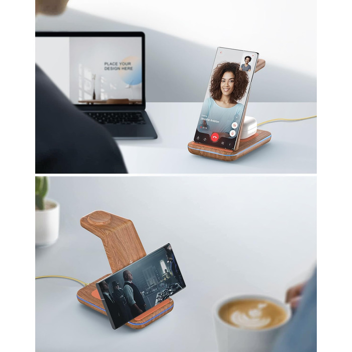 Бездротова зарядка JoyGeek 3 в 1 для Samsung Galaxy: смартфонів (S25/S24/S23/S22/Z Flip/Fold) та годинників/навушників (Watch Ultra/8-4/Buds), з бамбуковою підставкою