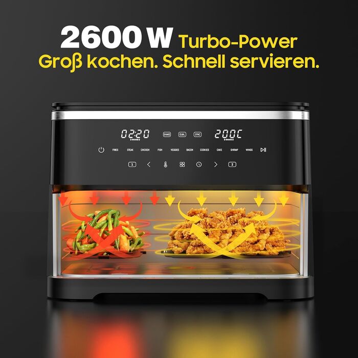 Фритюрниця повітряна подвійна 11л Airfryer, XXL фритюрниця з 2 кошиками, 7л/4л, для основного та гарніру одночасно, 2600W, 10 програм, сенсорний екран, нагадування про струшування