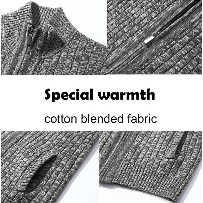 Чоловічий кардиган AOI RAY з блискавкою та стоячим коміром, в'язаний пуховий светр з двома кишенями, чорний (S, світло-сірий)