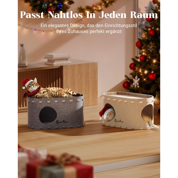 Будиночок для котів з фетру, лежанка для котів, затишна кімната для котів, 58 x 33 x 30 см, ігровий Peek-a-Boo, зимовий, захист кігтів, бежевий, 1 шт.