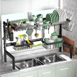 Регульована сушилка для посуду на 2 яруси, 66-85 см, чорна, з 4 кошиками для столових приборів та тримачем для напоїв