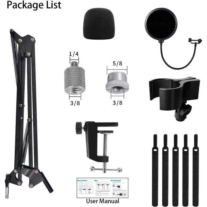 Тримач для мікрофона на подовжувачі, регульований кріплення для Blue Yeti, Yeti Nano, Elgato Wave, HyperX QuadCast, Fifine AM8 та інших мікрофонів, з різьбою 3/8' - 5/8' 1/4', поп-фільтр, кріплення для мікрофона