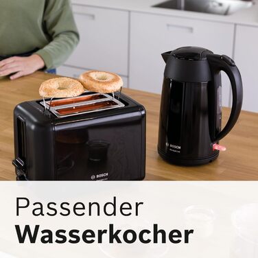 Bosch Compact Toaster DesignLine TAT3P423DE, Integrated Stainless Steel Bread Roll Attachment, With Automatic Shut-off, With Defrost Function, Perfect for 2 Slices of Toast, Lift Function, Wide, 970 W, Black Polished/Black Front Painted Single