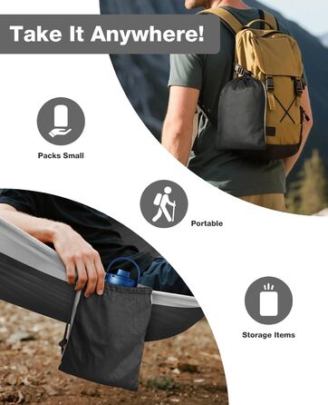 Гамак дорожній Camping 295x140 см, вантажність 350 кг, з карабінами та ременями, чорно-сірий